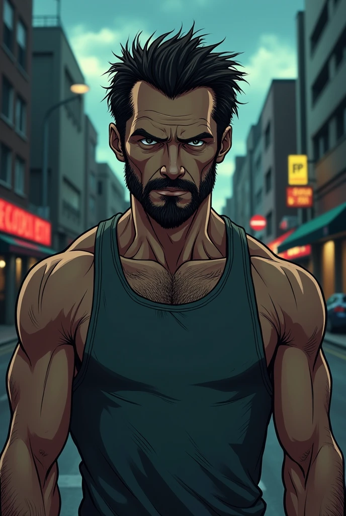(mid-shot), ultra detailed 2d cartoon manga concept art illustration, 1man, looks like hugh jackman in the movie logan, wearing tank top, goatee, city street at dusk, cold stare, crime and danger、Tension and suspense、Reflections on the avant-garde and the low ebb、Shady、evocative composition