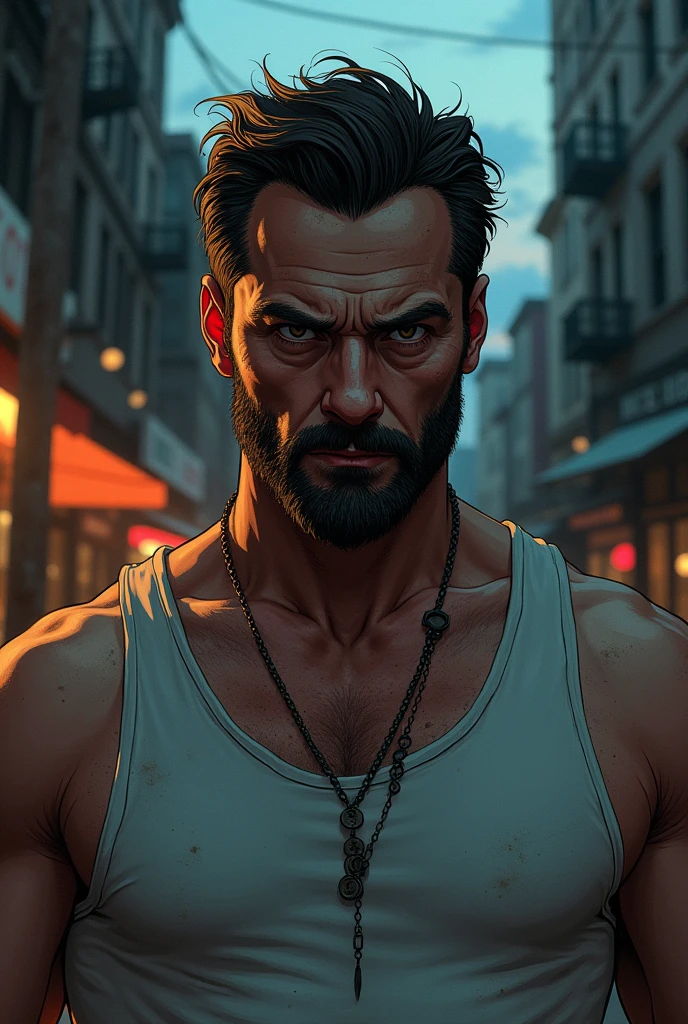(mid-shot), ultra detailed 2d cartoon manga concept art illustration, 1man, looks like hugh jackman in the movie logan, wearing tank top, goatee, city street at dusk, cold stare, crime and danger、Tension and suspense、Reflections on the avant-garde and the low ebb、Shady、evocative composition