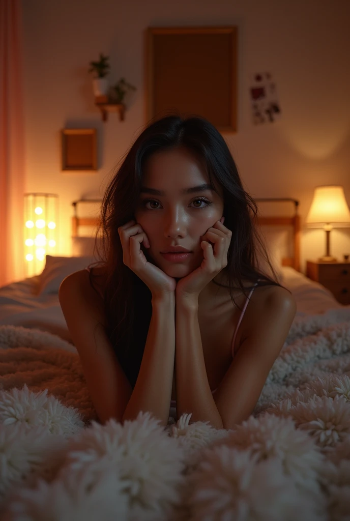 captured from behind, a 1 girl laying on her side on a cute girly bed, wearing skimpy revealing pajamas, unaware of the camera capturing her from behind, night scene, highly detailed, photorealistic, 8K, HDR, soft lighting, warm colors, beautiful detailed face and eyes, long eyelashes, glowing skin, intricate details, aesthetic, erotic, sensual, suggestive, gorgeous, corkboard, nightstand, wall hangings, rug