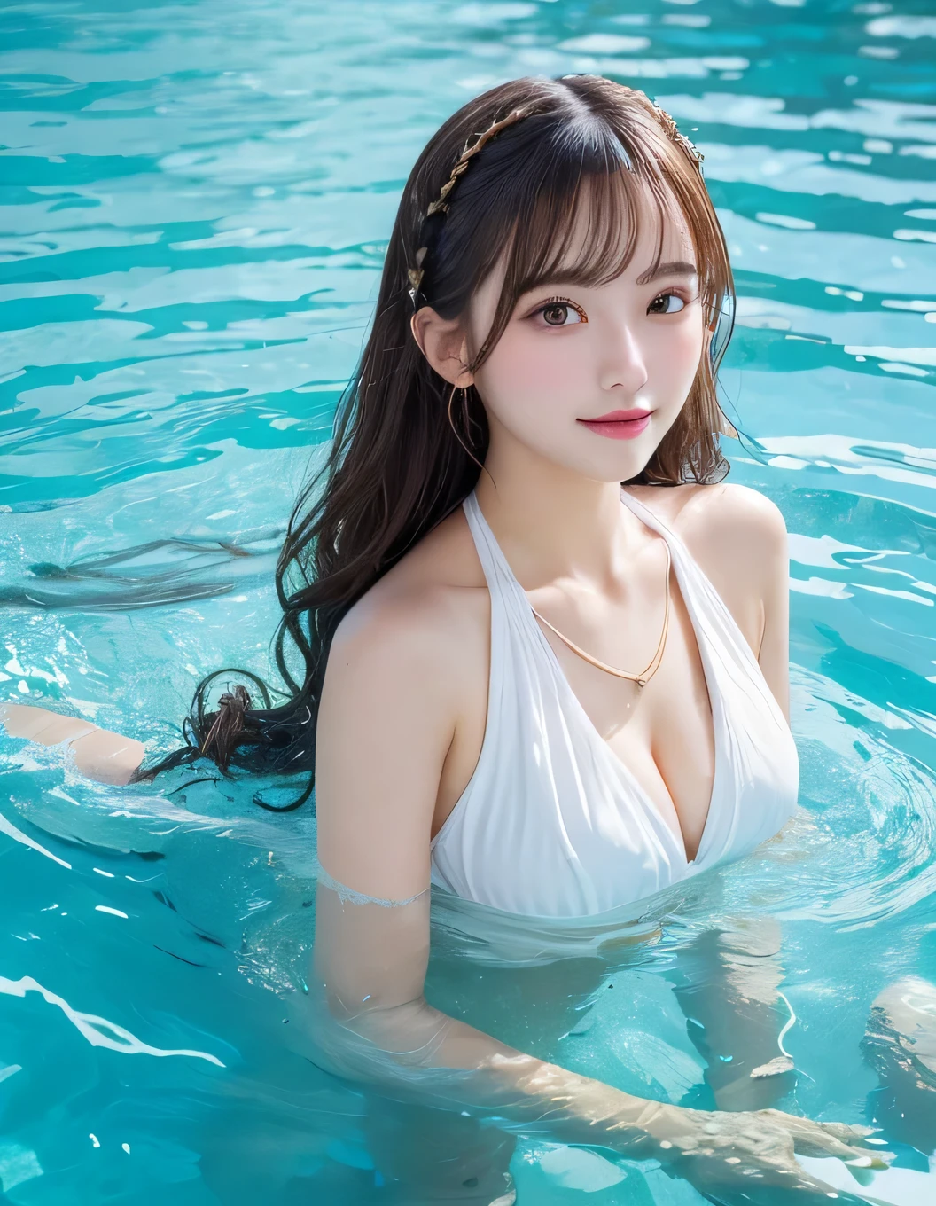 Tabletop, Highest quality, figure, Very detailed, In detail, High resolution, 8k wallpaper, Perfect dynamic composition, Beautiful attention to detail, Monokini, Big Breasts, whole body, The surface of the water is sparkling, Cute hairstyle,In the pool, Cute pose