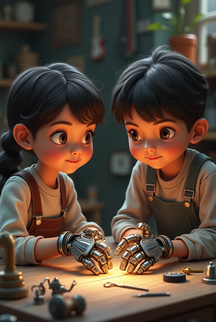 A boy assembling hand front of girl