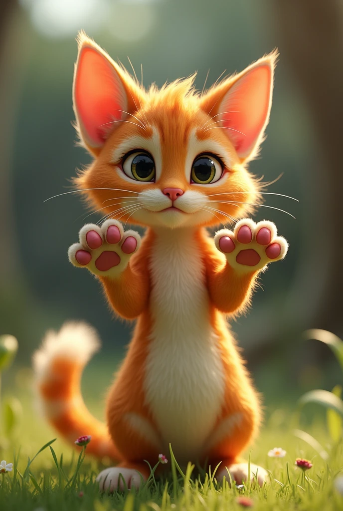 A teenage cat shows his feet paws