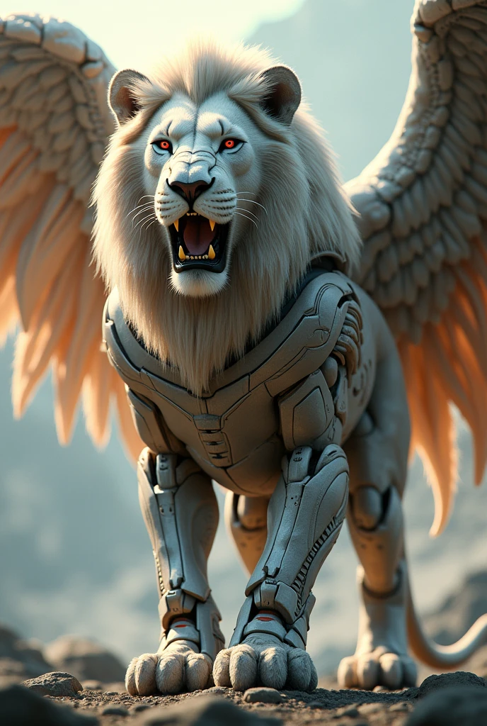 Lion with big size and have big wings and red eye and lion colour is white and big teeth and lion wearing suit of iron man with spider man