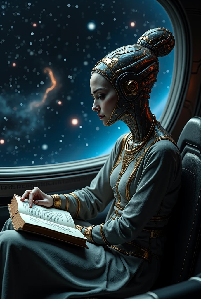 alien goddess sitting in a spaceship, reading a book, with a window on the wall showing galaxies passing by, extremely detailed, cinematic lighting, realistic lighting, intricate details, hyper realistic, 8k, photorealistic, cinematic composition, dramatic lighting, moody atmosphere, glowing galaxies, cosmic energy, ethereal, otherworldly, futuristic technology, advanced civilization, serene expression, focused gaze, elegant pose