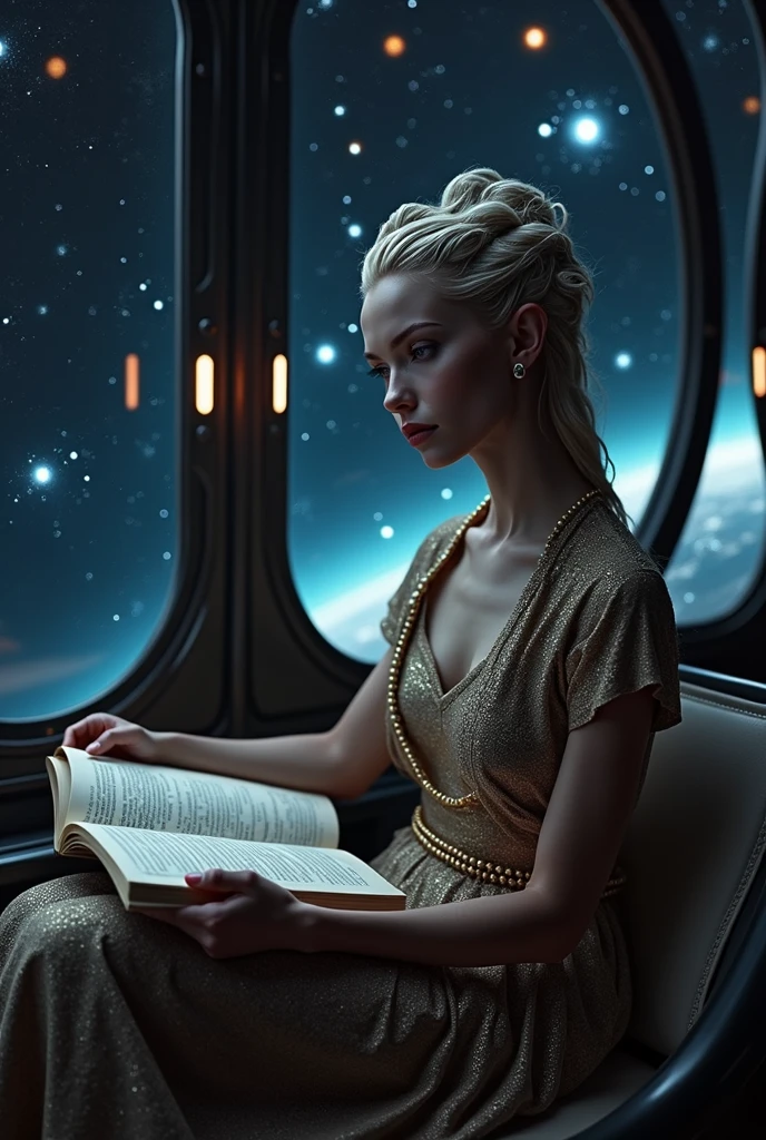 alien goddess sitting in a spaceship, reading a book, with a window on the wall showing galaxies passing by, extremely detailed, cinematic lighting, realistic lighting, intricate details, hyper realistic, 8k, photorealistic, cinematic composition, dramatic lighting, moody atmosphere, glowing galaxies, cosmic energy, ethereal, otherworldly, futuristic technology, advanced civilization, serene expression, focused gaze, elegant pose