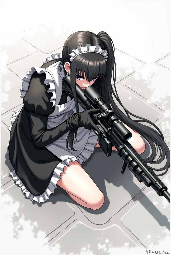 anime girl in black and white dress sitting on the ground holding a heavy sniper rilfe, (ponytail forehead hair pulled back:1.3), (black hair:1.3),1girl, solo, black hair, gloves, holding, weapon, boots, holding weapon, apron, gun, maid, maid headdress, sheath, rifle, maid apron, one knee, sniper rifle, scope, bolt action