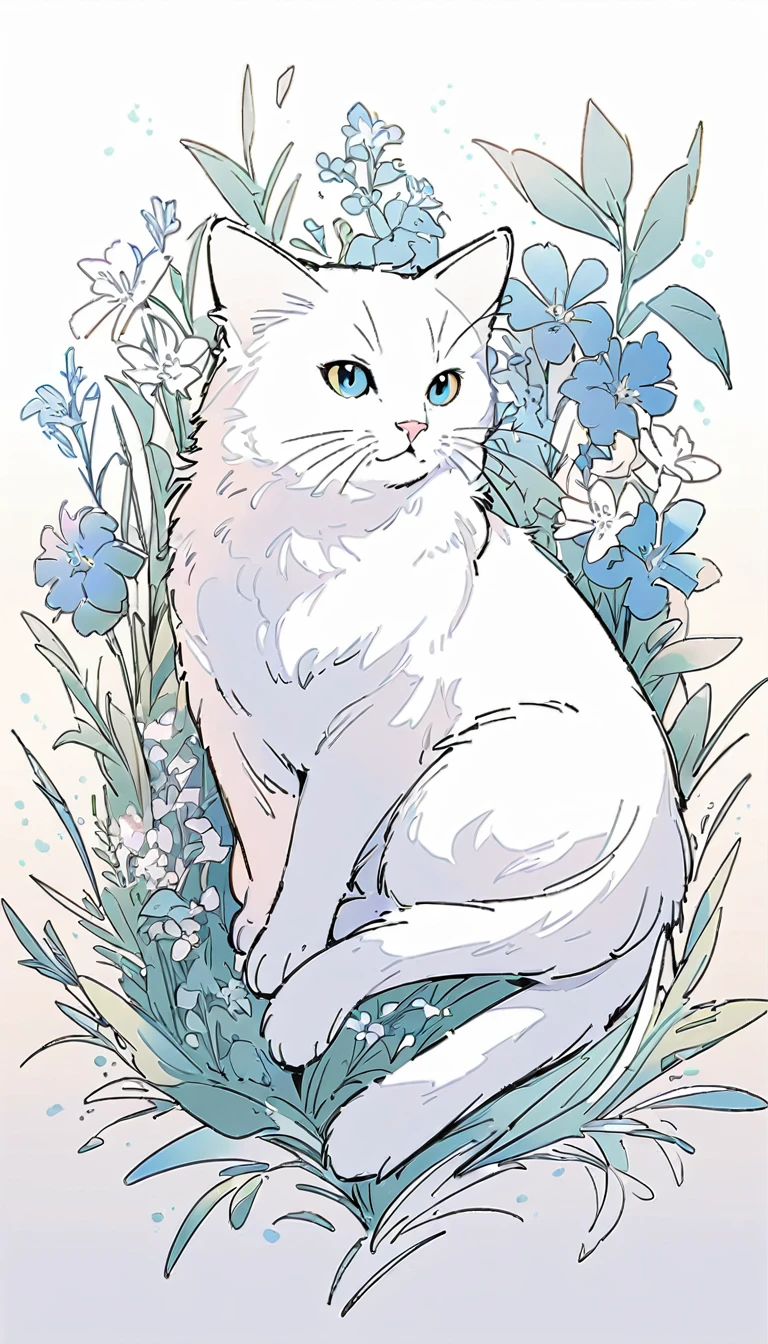 masterpiece、flowerのLine art背景、White Background、Coloring book、No outline、Line art（（sketch））、Monochrome、Highest quality、綺麗なLine art、animal、Cat、flower、There is no one、自然のbeauty、Detailed depiction、beauty