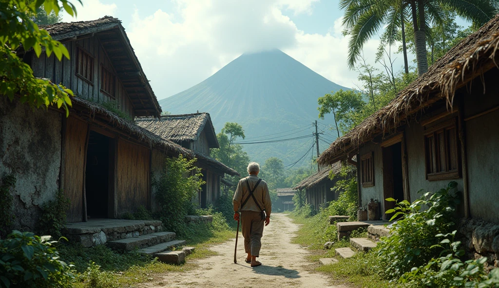 Village from Very ancient Ternate island, Maluku, Indonesia, there is no peoples, a man in old clothes is walking towards here, hyper realistic, masterpiece, best quality, ultra-detailed, UHD, 64K