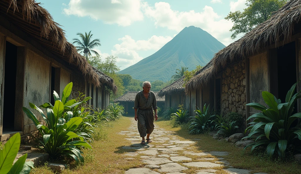 Village from Very ancient Ternate island, Maluku, Indonesia, there is no peoples, a man in old clothes is walking towards here, hyper realistic, masterpiece, best quality, ultra-detailed, UHD, 64K