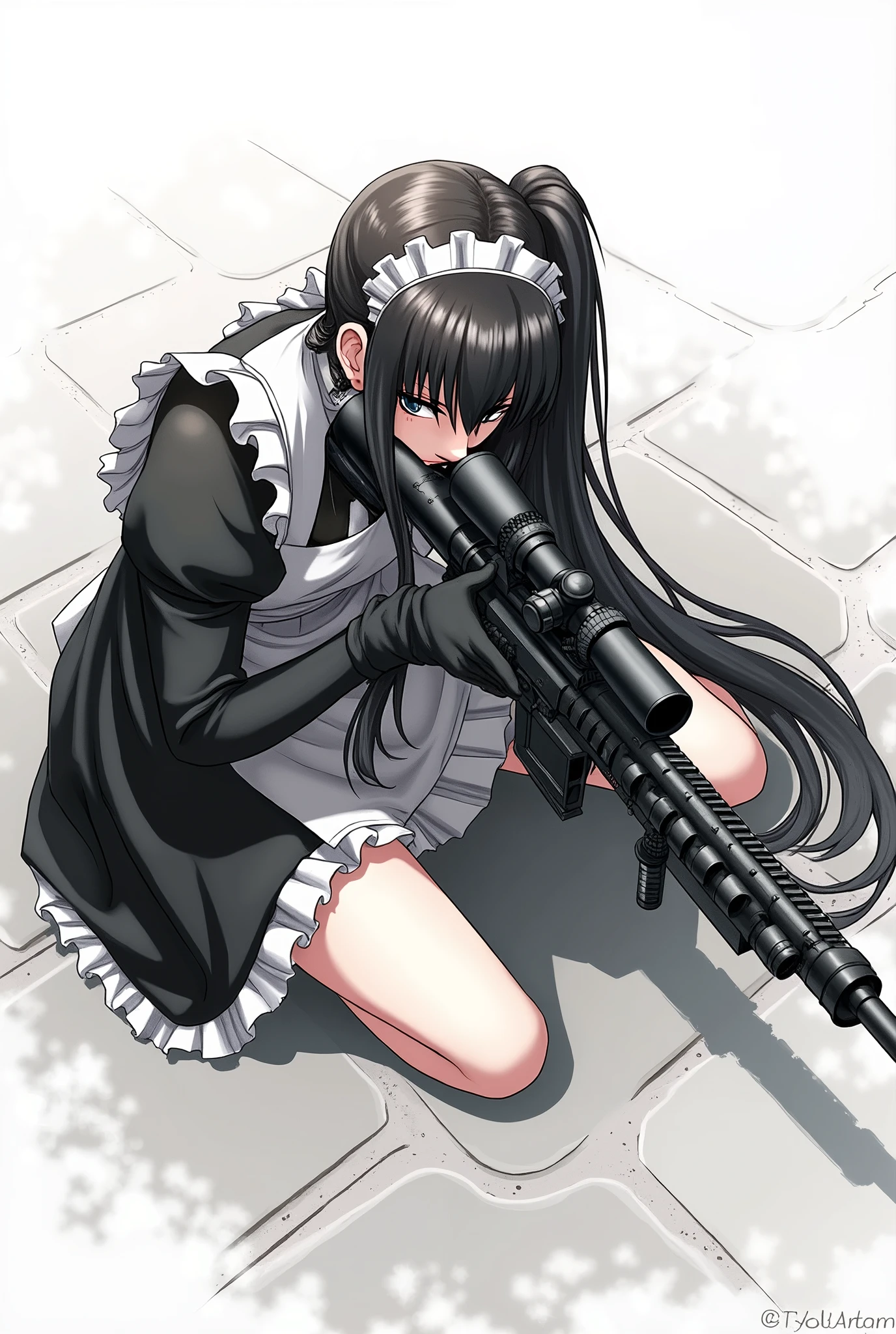 anime girl in black and white dress sitting on the ground holding a heavy sniper rilfe, (ponytail forehead hair pulled back:1.3), (black hair:1.3),1girl, solo, black hair, gloves, holding, weapon, boots, holding weapon, apron, gun, maid, maid headdress, sheath, rifle, maid apron, one knee, sniper rifle, scope, bolt action
