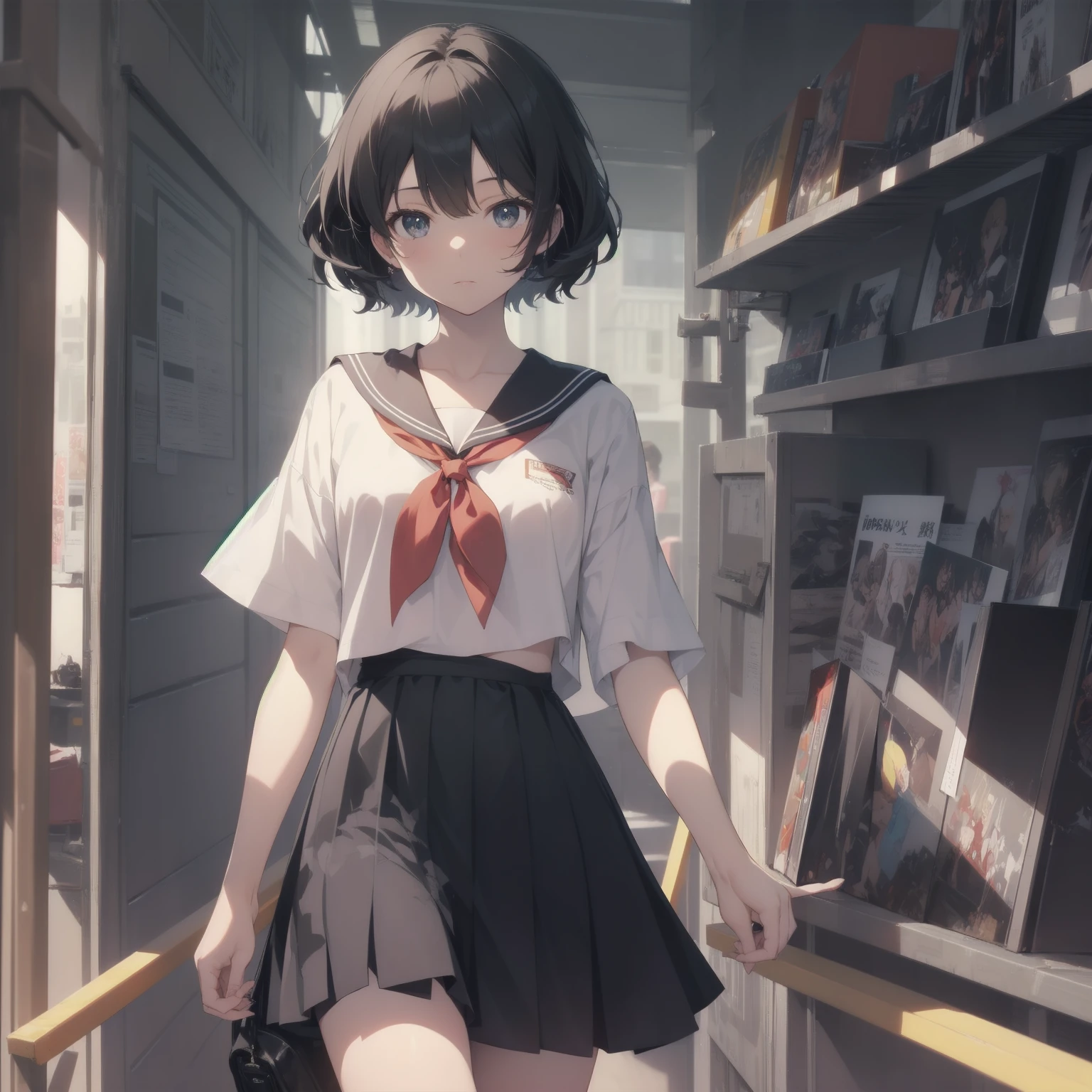 ultra-absurdres-Top quality by artist God, ultra-detailed, high resolution, anime moe artstyle, best anime 8k konachan wallpaper, pixiv contest winner, pool:2810, perfect anatomy,break, 1girl, (Please draw a girl walking sleepily to school alone. )break,(Solo,little female,15yo:1.3),Full limbs, complete fingers,a junior high school student, (very short hair), short cut, flat chest, , small butt, small black eyes, beautiful detailed eyes, well-proportioned iris and pupils, expressive eyes, highres detailed hair, soft expression, salor school_uniform, sailor collar, serahuku, bow, pleated skirt,(Detailed Lighting), (Detailed background), in the School commute route. break,super detailed skin, Best cinematic lighting powered by famous artist, 8k,beauty illustration,photoshop_(medium),very aesthetic,break,((artist:echo_(circa) )), artist:clamp ,artist:carnelian ,artist:kantoku ,