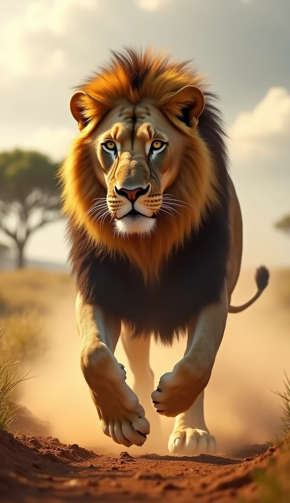 "A hyper-realistic image of a powerful lion charging forward in an open savannah landscape. The lion has a majestic mane and an intense expression, with dust being kicked up from the ground as it charges. The scene is set against a dramatic sky, with distant trees blurred in the background."