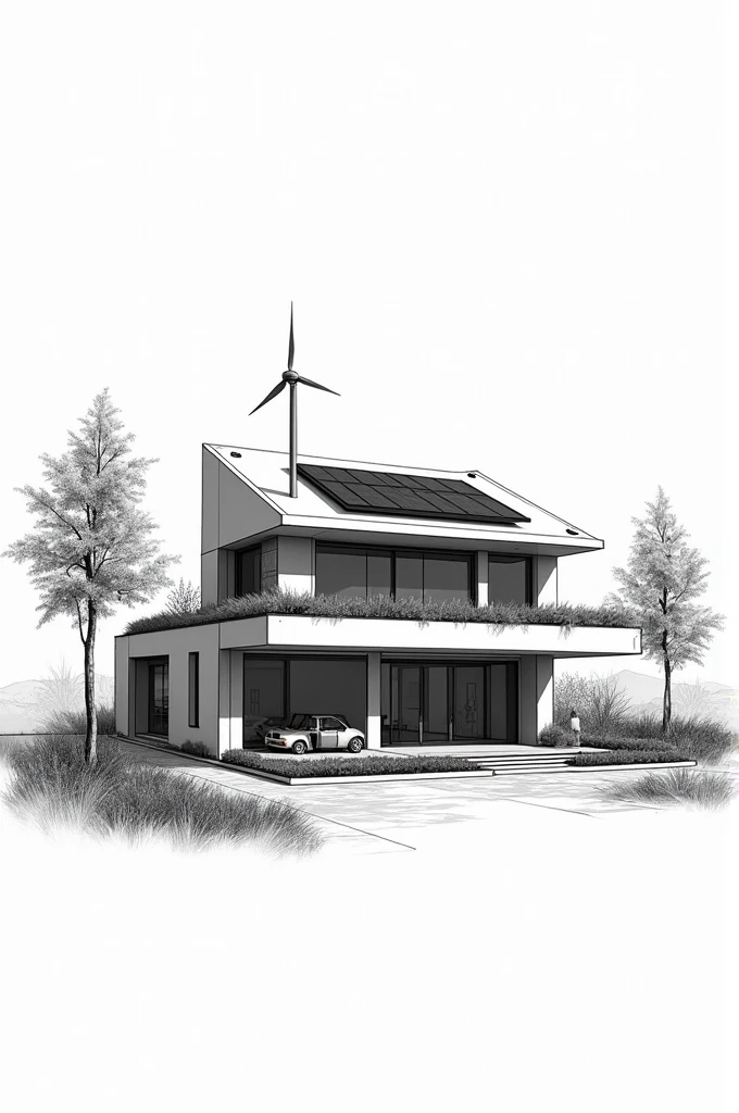 Sketch a residential house design with rain water catchment, solar panel and small windmill... Make it black and white and no back ground