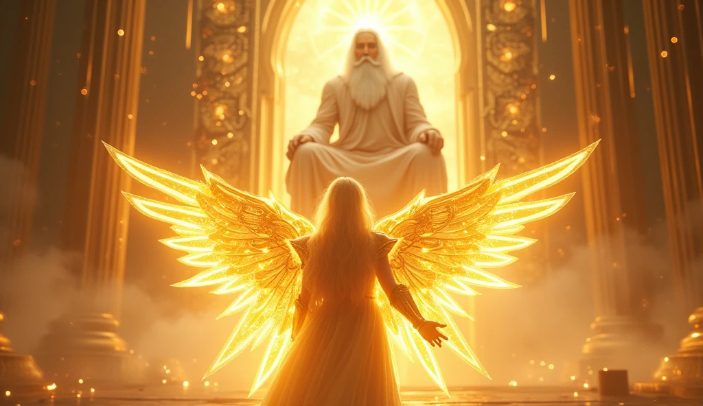 holy paladin, glowing light eyes, glowing golden wingiomechanicals, The colors are very vivid, Light particles, Glowing light angel, wings on angel's back, Mshiv, wallpaper art, ultra HD wallpaper, looking upon a super Gigantic God with light covering God's face, with white hair and white beard and handsome, seated on his large golden white thrown, 32K UHD, style raw.