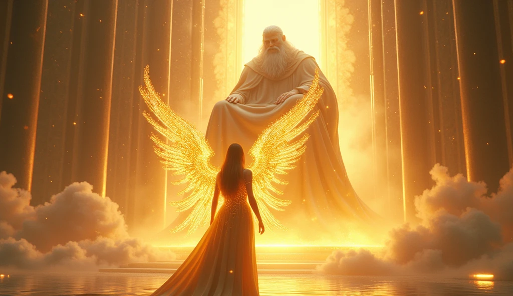 holy paladin, glowing light eyes, glowing golden wingiomechanicals, The colors are very vivid, Light particles, Glowing light angel, wings on angel's back, Mshiv, wallpaper art, ultra HD wallpaper, looking upon a super Gigantic God with light covering God's face, with white hair and white beard and handsome, seated on his large golden white thrown, 32K UHD, style raw.