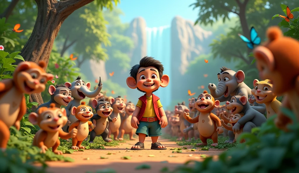 Need 3D animation style:Visualize the jungle animals celebrating after the lion is defeated, with everyone cheering for راجو and his friends.