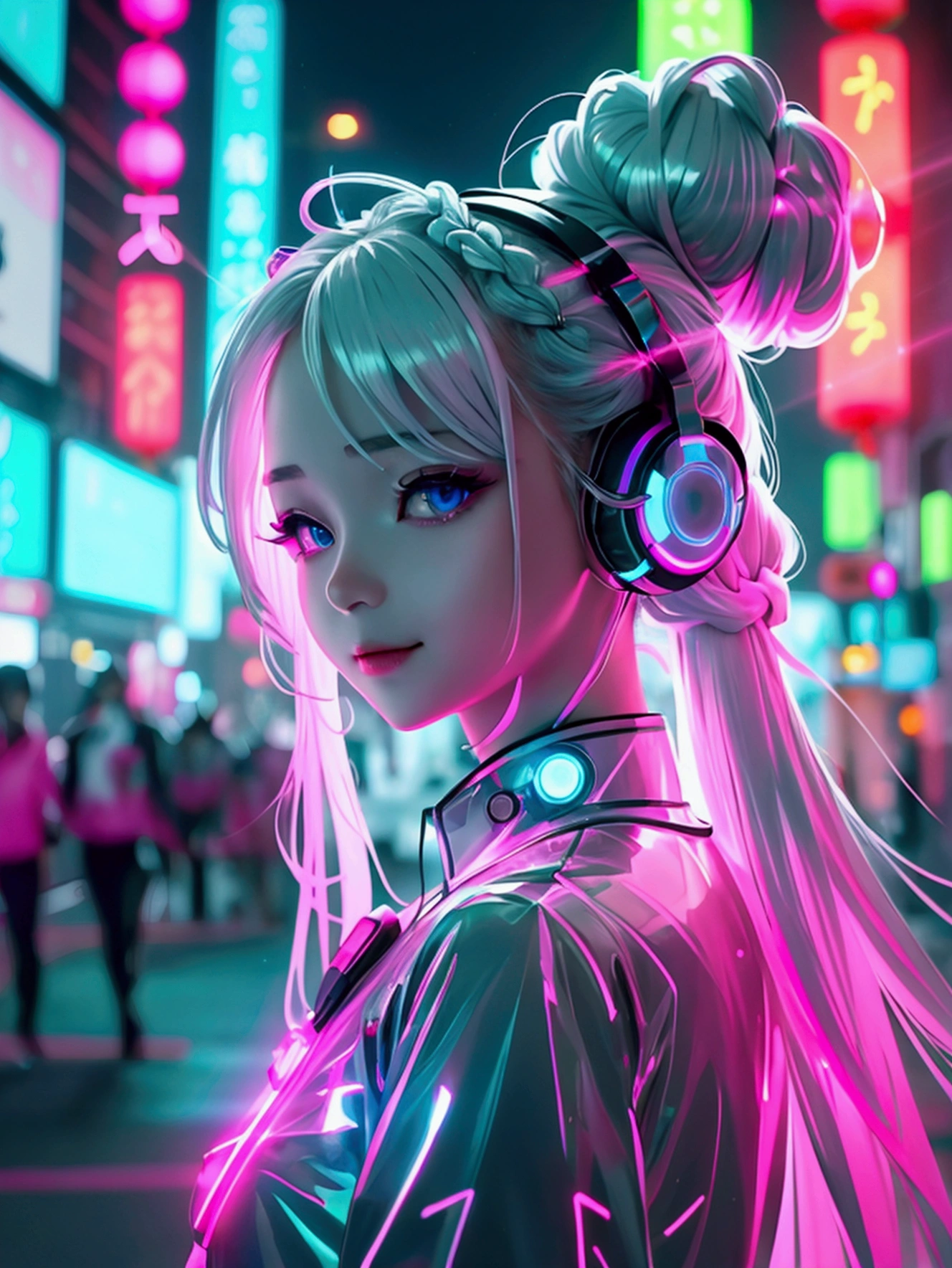 1 woman, Chinese_clothes, liquid silver and pink, Cyber Han,Japanese school uniform,White bra,White underwear with a bow, cyberpunk city, dynamic gesture, Glowing headphones, glowing hair accessories, long hair, glow earrings, Fluorescent necklace, cyberpunk, เมืองที่มีtechnologyสูง, full of mechanical and of the future elements, of the future, technology, glowing neon, pink, Light blue, Clear tool, Transparent beam, laser, City Sky Digital Background, Big Moon, with vehicles, best quality, Masterpiece, 8ก, Edge of character light, Extremely high detail, High quality, The most beautiful woman in humanity, smile a little, The face faces left and right symmetrically., Ear decoration, Beautiful iris light effect, Image data, I have silver-white hair, Hair is not messy, long hair,Two high bun braids hairstyle, Luminous electronic clock, deep eyes, be happy, English Doodle Writing