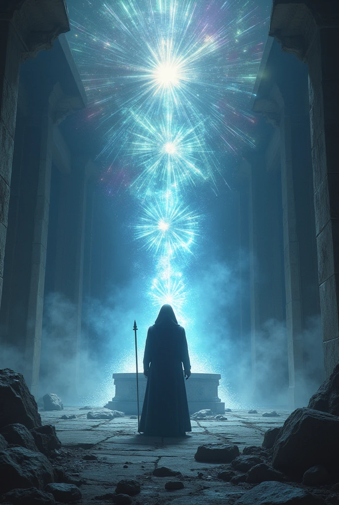 The guardian is interrupted by a flash of light emerging from the crystal on the altar.
The glass emits a blinding flash, projecting a series of chaotic images into the sky: visions of destruction, but also of renewal and hope.