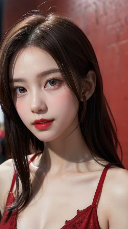 (masterpiece, high quality, Fisheye Lens:1.2), (Close-up portrait:1.1), alone, Model photoshoot, (red theme:1.1), Snazzy, dora, Brown Hair, Brown eyes, red lipstick, red eye shadow, red面, (freckles:0.7), (European, 2:1.3), sexy, Pure innocence, (A light smile:0.8), Prostitute vibe, in love, simple red dress, Cleavage, Detailed and natural skin texture, A seductive gaze, Detailed lighting, (red:1.1) Wall Background, Shallow depth of field, Romantic atmosphere, Dreamy pastel palette, Whimsical details, captured on film, Browsing Caution