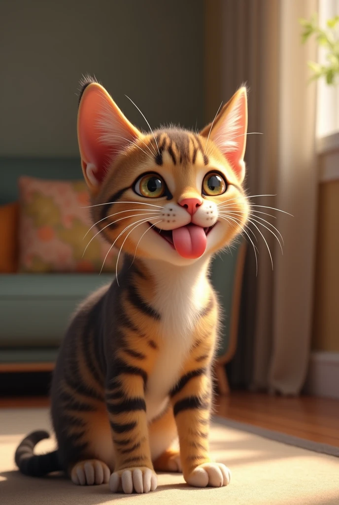 A teenage cat shows his tongue