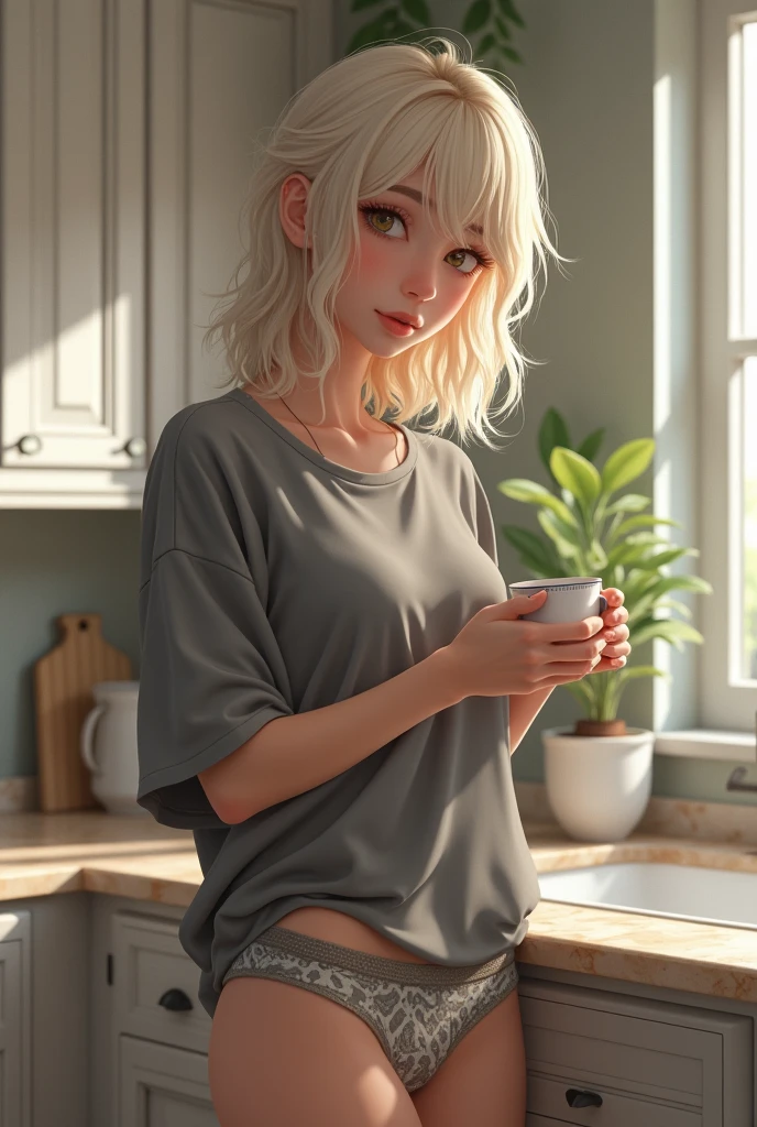The image captures a candid moment of a young woman with platinum blond hair in a relaxed home setting. She is dressed casually in a loose grey t-shirt and patterned underwear, standing in a well-appointed kitchen. Her posture, as she gently handles a cup pf coffee. The room features elegant marble countertops and classic cabinetry, enhancing the serene and comfortable ambiance. Natural light filters through the room, highlighting her gentle, contemplative expression and softly tousled hair. This scene beautifully melds elements of daily routine with a subtle, intimate charm, perfect for themes of morning rituals, quiet moments, or domestic tranquility.