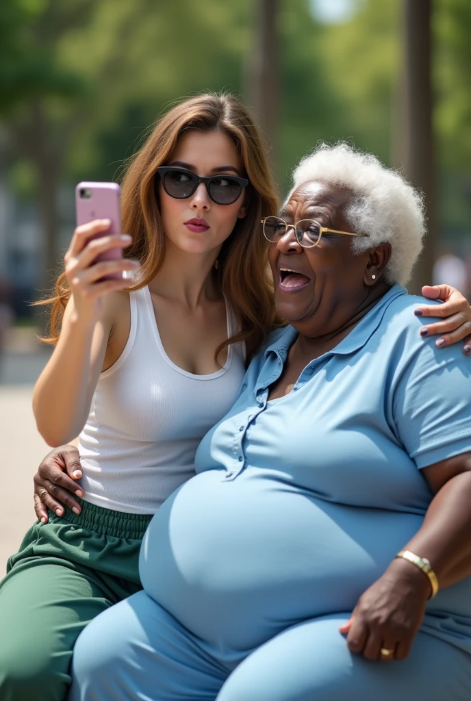 Create a photo of a 20 year old young woman, with a slender and beautiful body, wearing a white tank top and wearing green sweatpants, with white and clear skin, with long light brown hair wearing sunglasses and making funny faces holding cellphone taking selfie while sitting on legs of black elderly lady, 90 years old, dark black skin, obese woman wearing glasses and wearing a blue dress in a square 