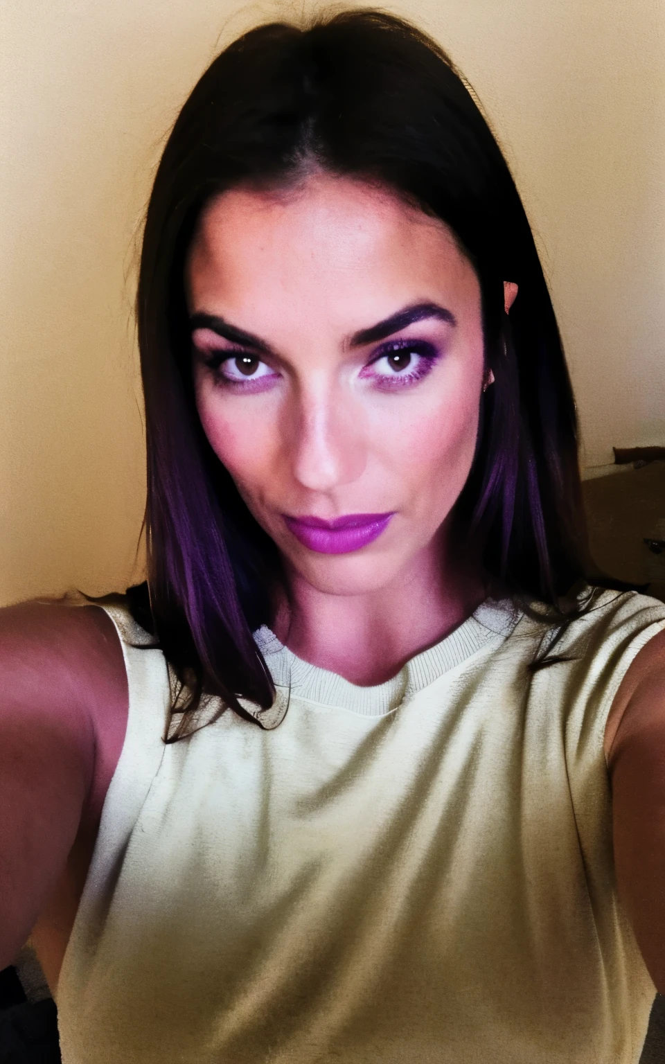 Selfie of a purple brunette, film grain, skin texture, looking at viewer low quality 