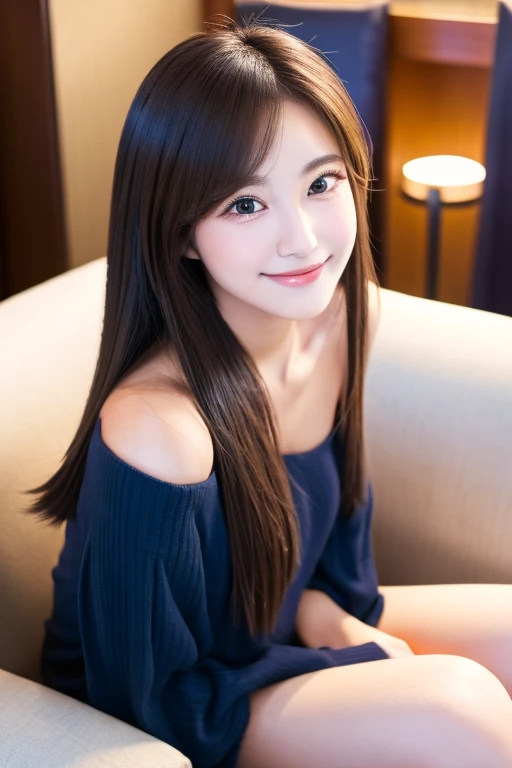 A naked 2 girl with a cute, baby-faced, sexy face like an idol Gentle and cute smile gently small bust She is sitting on the lap of a clothed 5 man Luxury Hotel Sofa Raw photo genuine real High definition Do not display copyright