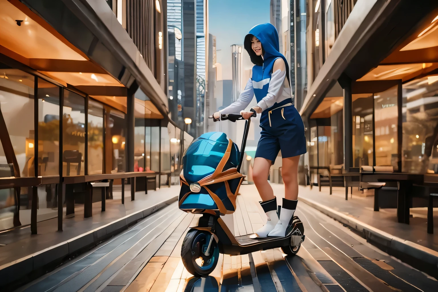 Masterpiece,high resolution,8k,Perfect Face,Perfect body。Smiling woman, 20 years old, in futuristic costume。A realistic Hollywood live-action drama about riding electric scooters of the future。