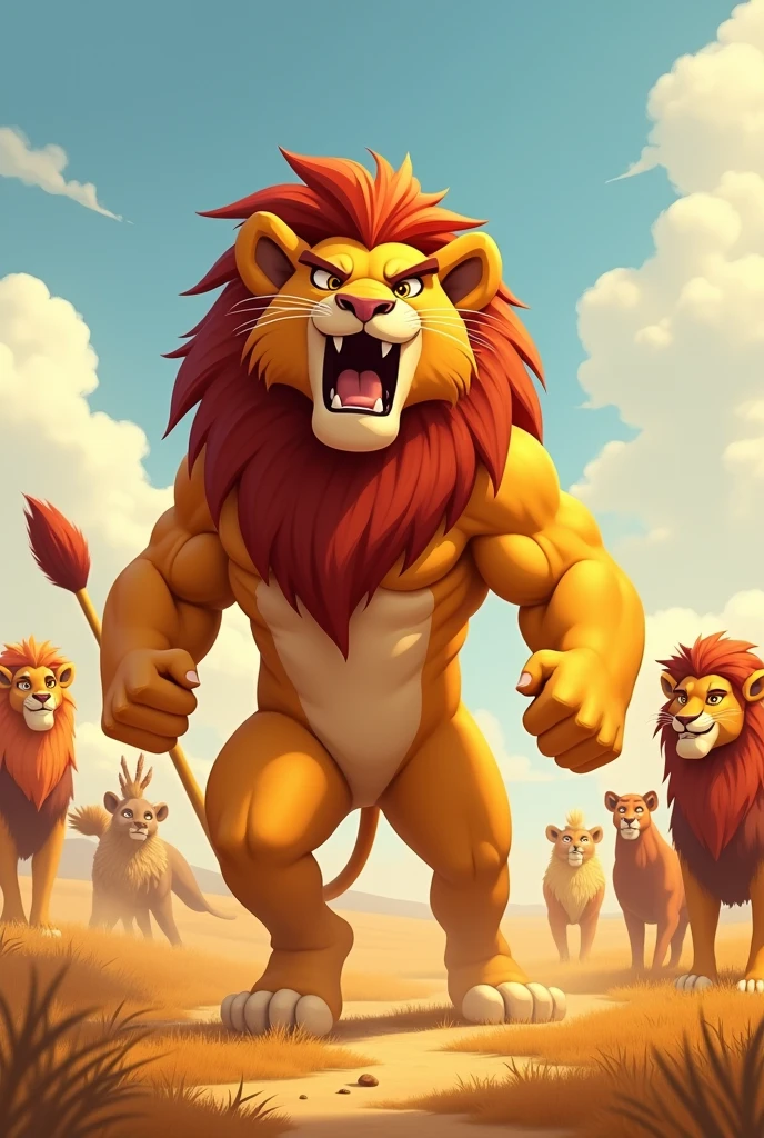 Detailed picture of a confident man anthro, (young Lion, big) taking a fighting pose on the middle of the savanna, roaring with his mouth wide open. trending on Art Station, Ross Tran, ruan jia, foxovh, ((determined expression, the other animals are clapping and cheering in the background, cartoon