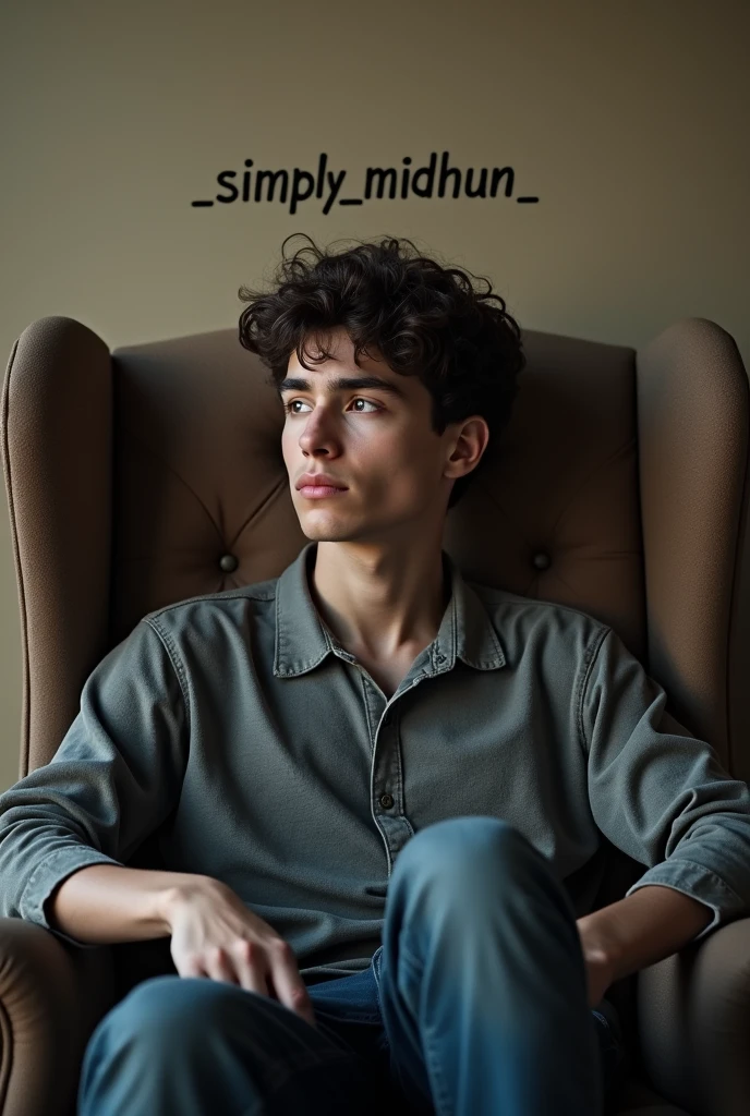 A boy aged 18 sitting on a big chair with _simply_midhun_ written behind 