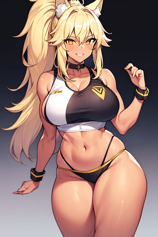 1girl, wolf ears, wolf tail, blonde hair, tan, tan skin, large breasts, thick thighs, yellow eyes, ponytail, sportswear, toned, hourglass figure, mature female, smile, sports bra, highleg, bare legs, light smile