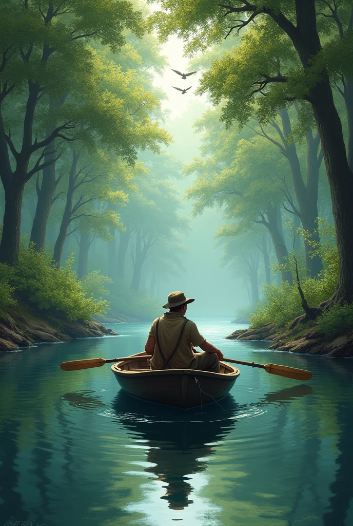 Man fishing in a boat on the river in a forest 