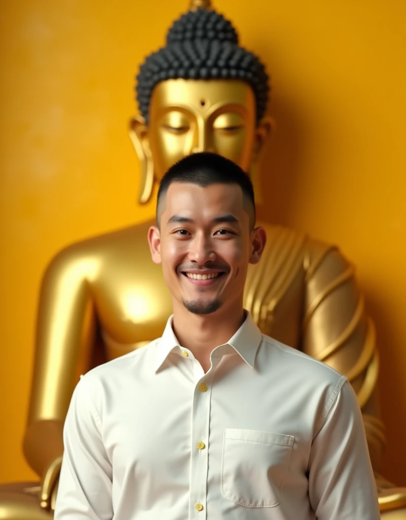 Realistic, handsome man crew cut hair thin smile, wearing white shirt, yellow Buddha is the background, yellow atmosphere