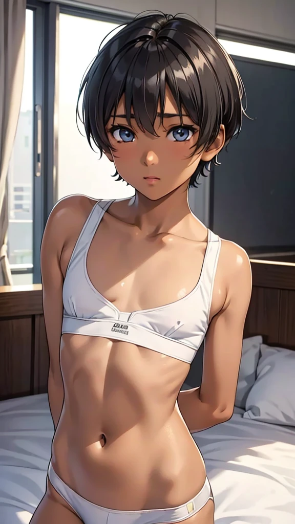 Highest quality、Realistic、、zoom、、man、cute、Light grey eyes、Black Hair、short hair、Tanned brown skin、Dark Skin、Light blue briefs、Flat Chest、、thin、bed、