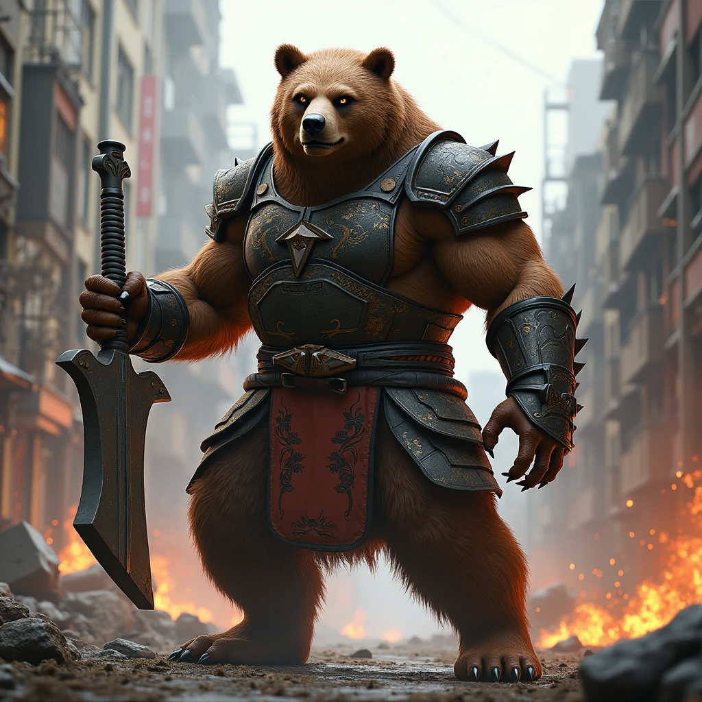 Mid-shot，whole body，Dark sci-fi style, A brown bear warrior, Sharp katana, Wearing high-tech armor with scales, Post-apocalyptic dystopian landscape,the ruined city,Rubble and ruins,GLOOMY AMBIANCE,Orange sky,Graffiti covered wall,Film composition,Ultra Detailed,masterpiece，(Style similar to Grimly),((Amazing Art Effects from Hans Haltung)),