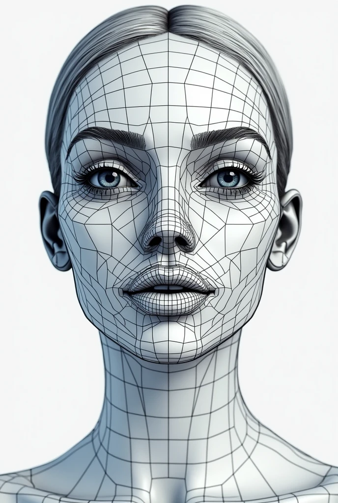 beautiful symmetrical 3d wireframe of a beautiful woman's face, front view, no triangles, only quads