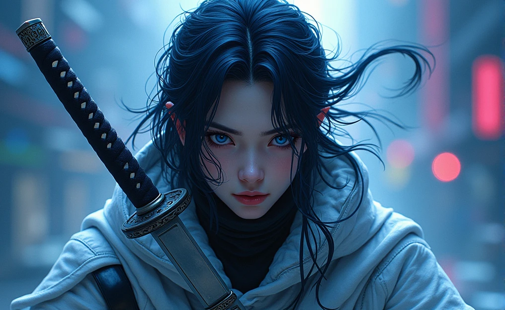 The figure of a young Asian male showing strength and determination, with long dark hair gathered with mobility like water, almost unreal pale complexion and robotic clothing carrying a katana, Deep blue eyes, The background is cyberpunk in deep blue and purple colors
