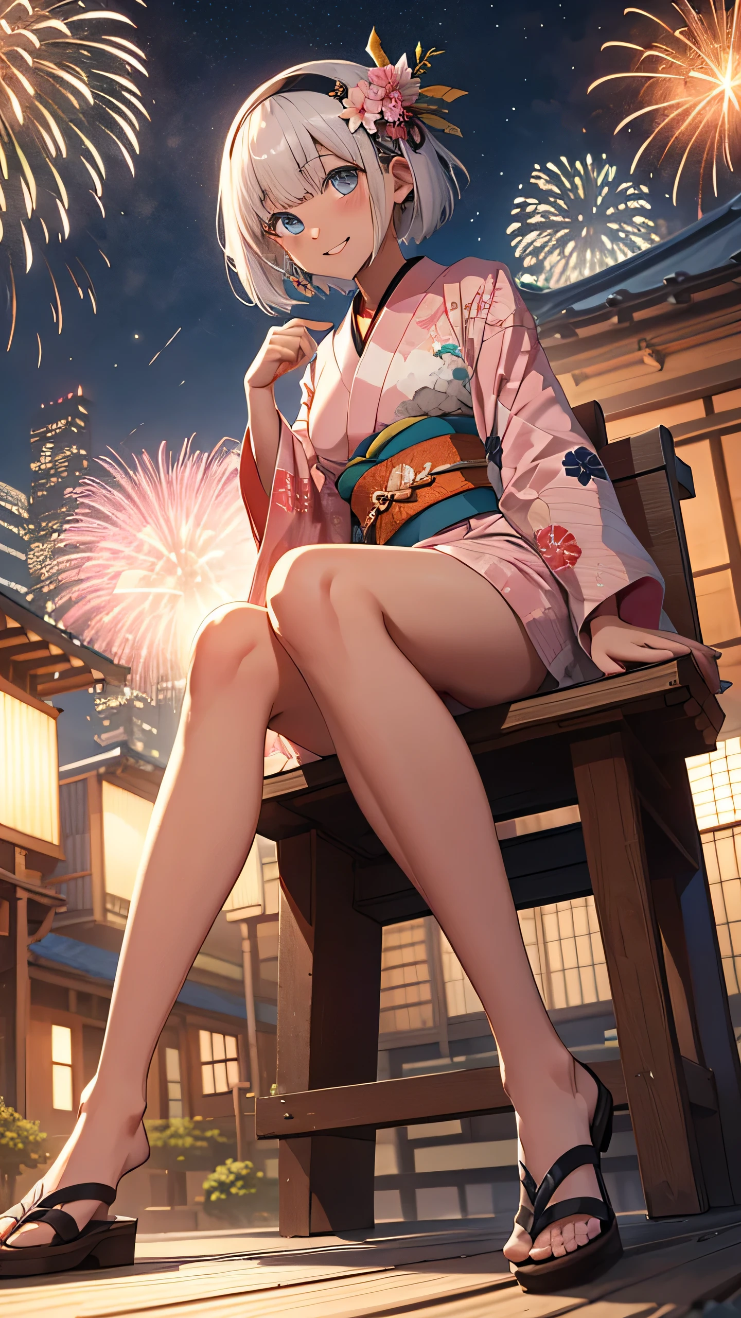 Highest quality、masterpiece、from the front、full body, Sitting on a bench、Looking up at the fireworks in the night sky、looking sky, a girl、spread legs, panty shot, from below, solo, Beautiful silver hair、((((Very short hair))))、Blue eyes、(hair band)、((Blunt bangs)), ((Medium Chest)), 24-years-old, (tsurime), Tight waist, Slender、Anime Style、Natural smile、Very cute face、 sexy pose, bewitching pose, Cute pose、night、Fireworks display、Big and colorful fireworks burst into the night sky、A large number of people、Japan Shrine Festival、((A colorful pink kimono))、Long flower hair ornament、Shallow depth of field,