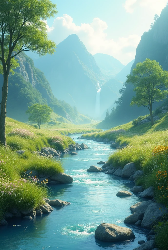 Here is a prompt that describes a beautiful morning scene with flowing water.:
"Imagine a quiet morning in a mountain valley.. A thin mist covers the surface of the river that flows calmly., creating a glimmer of morning light that reflected on its surface. On the river bank, fresh green grass blown by the light breeze, and the wildflowers begin to bloom, spread a sweet aroma into the air. In the distance, the sound of a small waterfall can be heard, as if singing a soothing song of nature. The morning sun's rays creep through the lush trees., creating beautiful shadows on the gently rippling water. All this creates a charming and peaceful view., inviting anyone who sees it to feel a deep sense of calm."
This prompt can be used to inspire writing or illustration of a beautiful morning scene with a focus on the flowing water element..