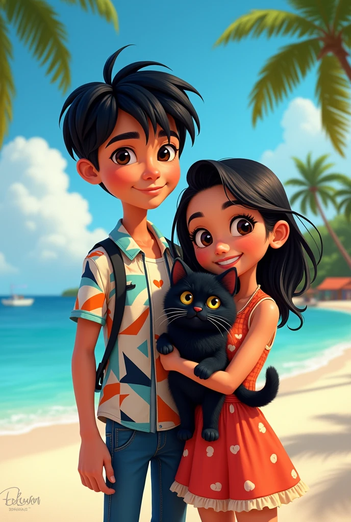 Im zander im  and im boy and cool kid black hair and wearing masid shirt in geo ong and with my sister is nicole is  carrying hairo cat is persian cat and gis skincolor isblack and my mother and background is boracay beach and disney