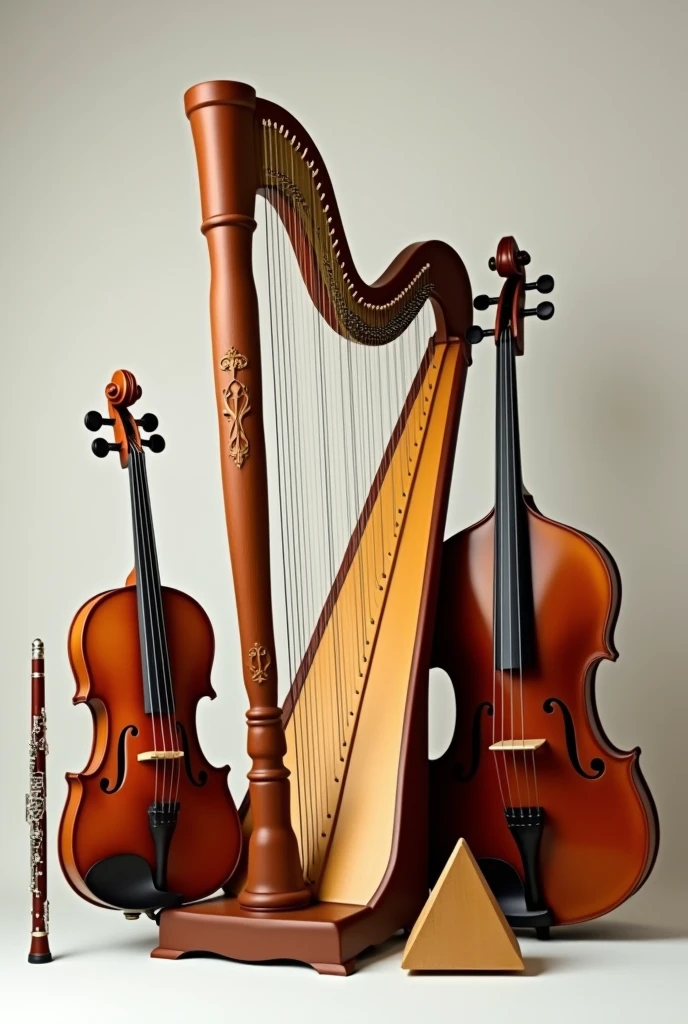 all these instruments Violin, Flute, small, triangle, Harp shown from the front