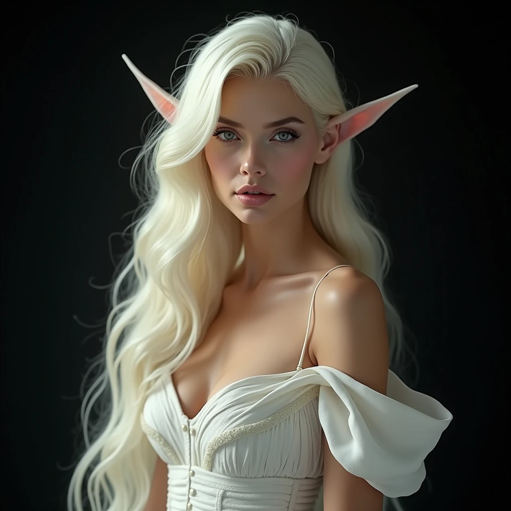 FAIRY WITH AN HYBRID FACE BETWEEN CLAUDIA SCHIFFER AND GISELE BUNDCHEN , BUST IMAGE STYLE, STUDIO IMAGE STYLE, BLACK INFINITE BACKGROUND, DIFFUSED LIGHTS ON FACE, BACK LIGHTS ON HAIR, LUMINOUS HAIR, CLOSE FACE SHOT, PLATINUM LONG HAIR, HUGE STRAIGHT LONG HAIR, BRAID HAIR STYLE, PLATINUM EYEBROWS, VERY PALE SKIN, LUMINOUS SKIN, FEMALE FAIRY, TOLKIEN MITHOLOGY, EXPOSED LONG TIP EARS, HIGH CHEEKBONES, ROSY CHEEKS, GORGEOUS LIPS, SOFT LIPSTICK, GORGEOUS CURVY BODY, SOFT MUSCLES, VOLUMOUS BREASTS, STRAPLESS CLEAVAGE, WHITE VICTORIAN DRESS, ENIGMATIC FACE EXPRESSION, SIDE FACE VIEW, EYES LOOKING TO THE SIDE, TOLKIEN MITHOLOGY, HIGH QUALITY IMAGE, MASTERPIECE, 8K