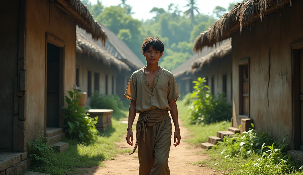 Village from Very ancient Ternate island, Maluku, Indonesia, there is no peoples, a Very detailed young man in old clothes is walking towards here, hyper realistic, masterpiece, best quality, ultra-detailed, UHD, 64K