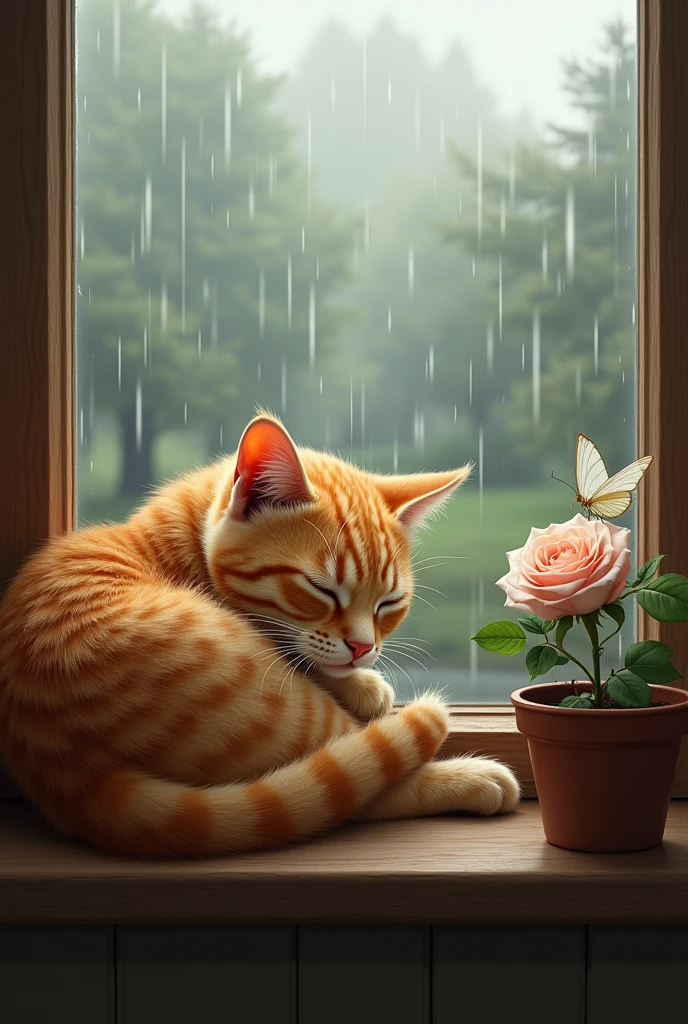 An orange cat sleeping on a window next to a flowerpot with a rose on which a white butterfly rests and outside you can see rain. Realistic portrait type