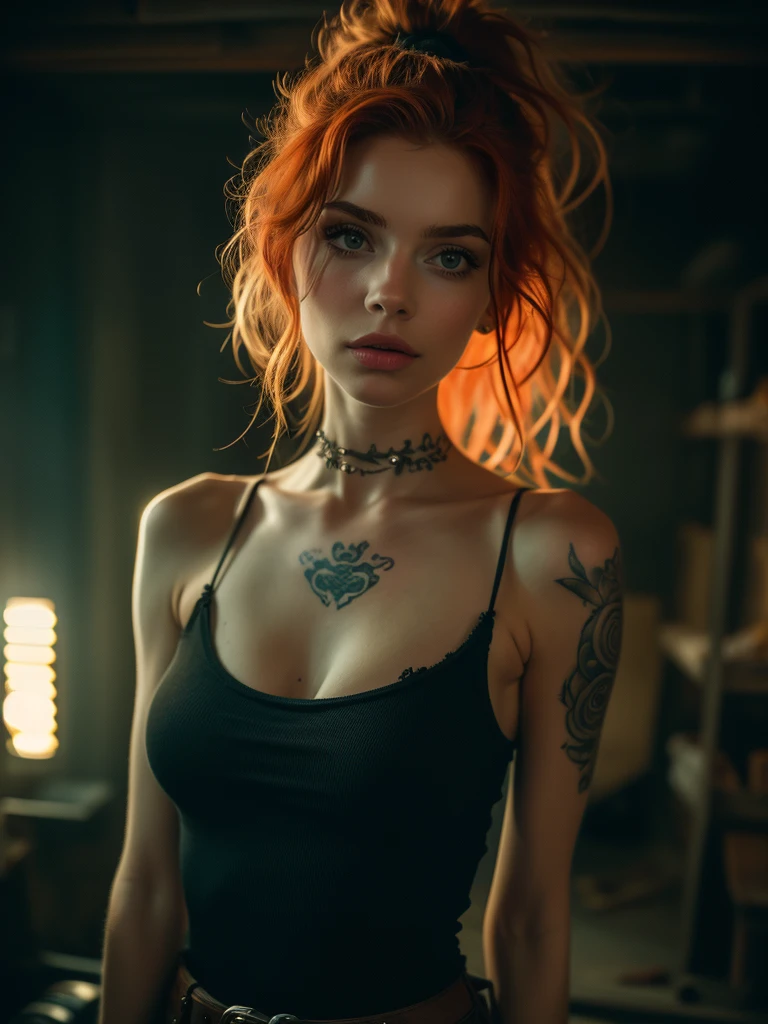 muito detalhado, 16K high resolution, incredibly detailed image, filmic, best quality, masterpiece, realisti, detailed face, detail-ful background, dramatic lighing, Girl, 25 years, alone, beautiful natural ginger red hair, Fell, straggly and messy wavy hair. Extremely detailed facial expressions with sharp and piercing green eyes. A delicate, slightly cheeky face, discreetly made up. ((She is tattooed and pierced, big tubes in the ears.)), She has (Very small breasts) and a slim figure, in good shape. Dark lighting conditions, the world is destroyed after a war. She is in a destroyed city. Flames and clouds of smoke in the background. She wears worn-out clothing consisting of a torn black tank top, a broken miniskirt and dusty ankle-high boots. She has a belt around her hips with a bag and a knife attached to the side. She carries a Viking sword on her back.