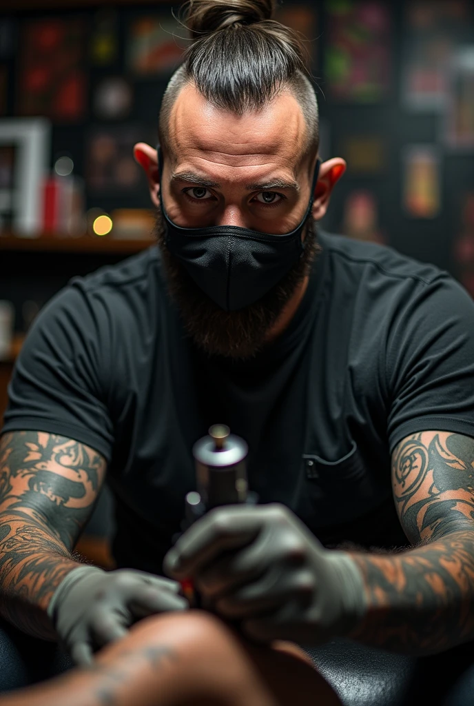 Man wearing mask with tattoo machine in hand 