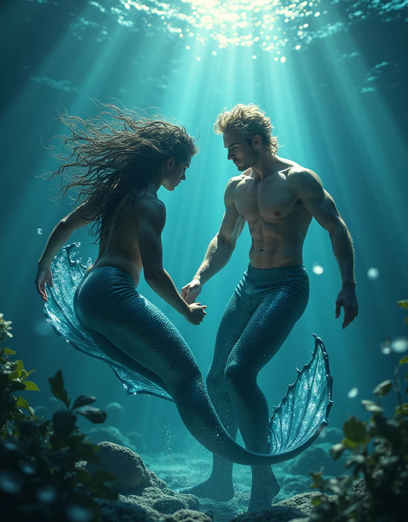 (masterpiece,Distinguished Quality,Mirror-like,Cinematic Experience, insanely detailed,absurdres),8k,(full image shot), the shimmering, iridescent depths of an enchanted ocean, (2 males:1.6),fighting,mesmerizing sirens,(male, with manly mermaid tale:2.0),(male siren),(black metallic manly tale),(manly abs),(all hair types are in),Black hair:2.0),aquamarine eyes gleam with an otherworldly allure, shimmering, crystalline tail glimmers with a soft, ethereal light, beckoning sailors to their doom with a haunting, melodic song that echoes through the mystical, moonlit waves, Imagine the captivating, underwater scene!