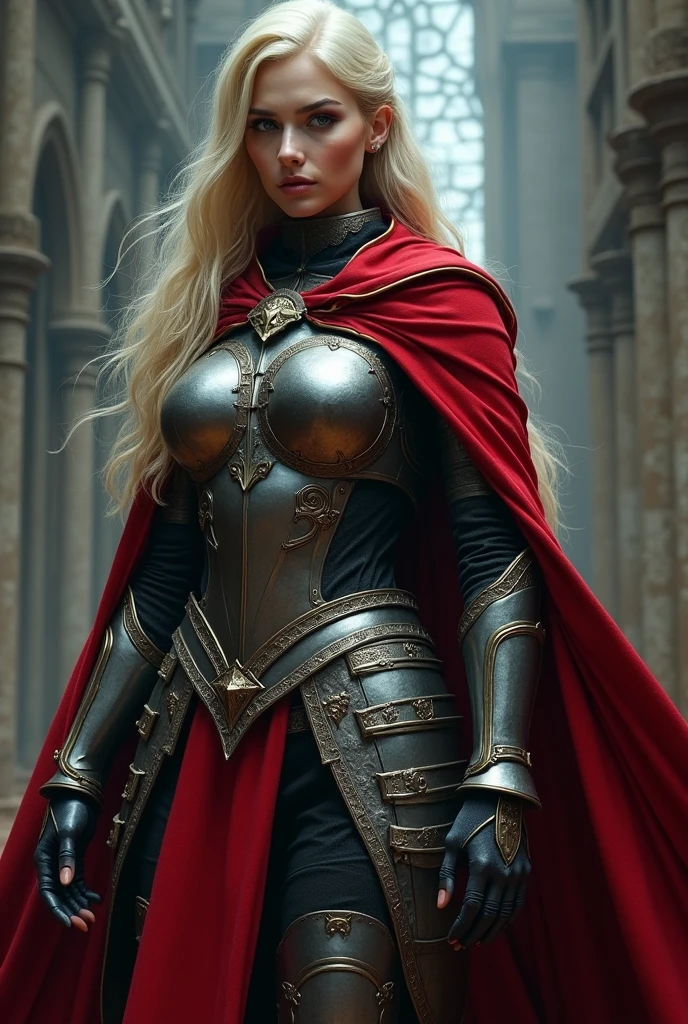 I need a woman with armor and a red cape with long blonde hair and heavy makeup