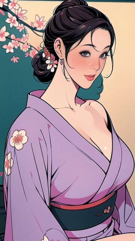 1，Japanese hairstyle，Photorealism，detailed，masterpiece，mature，((full))， (Broad shoulders), ((Huge))，（Beautiful long-sleeved kimono，Kimono，smile，masterpiece，high qualityのAn illustration,, An illustration：Zoe Mozart, pin up art byZoe Mozert, ヴィンテージpin up, ゾーイ・モザートによるAn illustration, girl pin up, pin up girl, pin upポスターガール, pin upガール, pin up, pin upガール,30 years old、high quality，Are standing，High Resolution 4K Information,Kyoto,Cherry tree,